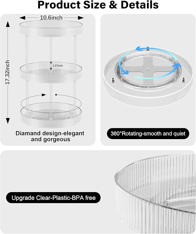 3 Tier Lazy Susan Bathroom Countertop Organizer, 360° Clear Rotating Makeup - Image 5