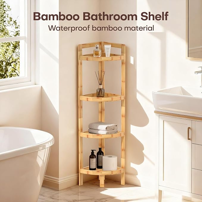 2026 New Bamboo Standing Shelf, 4 Tier Corner Shelf Stand, Free-Standing Shelf - Image 3