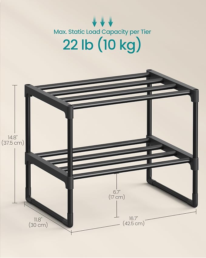 SONGMICS Shoe Rack, 2-Tier Shoe Organizer, Metal Storage Shelf, Upright or - Image 2