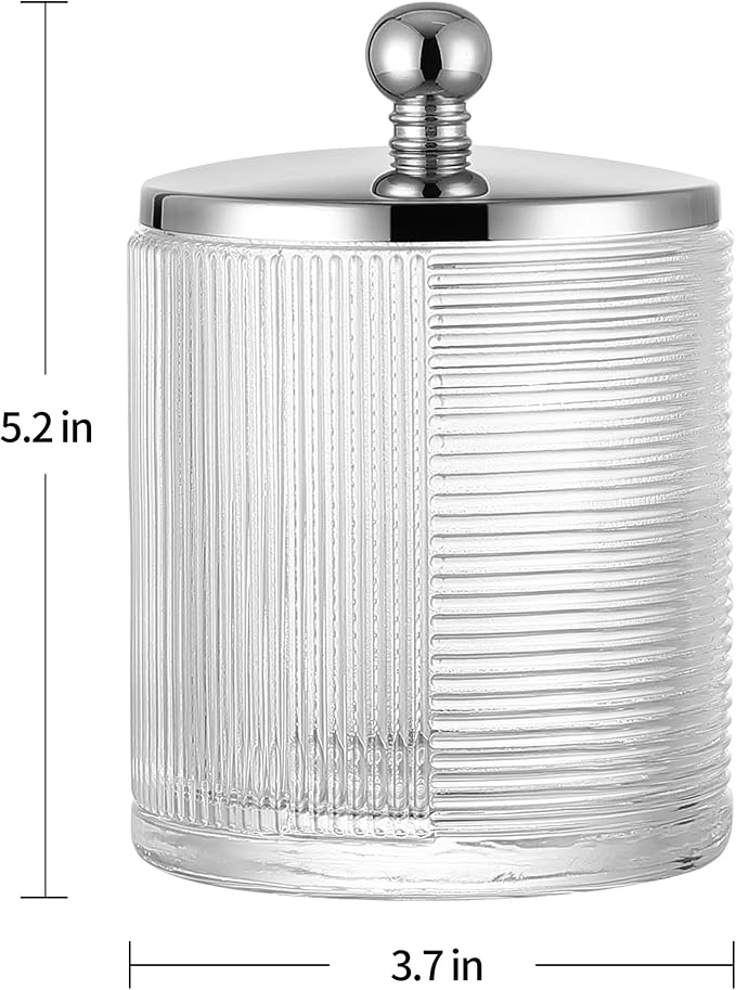 Clear Transparent Apothecary Ribbed Geometric Etched Glass Jar W/Silver/Chrome - Image 2