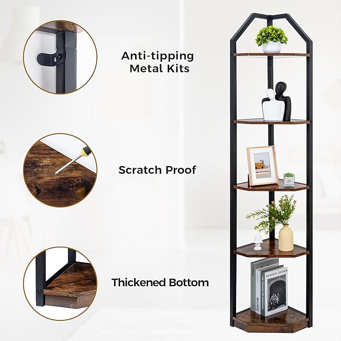 Fun Memories 5 Tier Corner Shelf, 70” Corner Shelf Stand, Corner Bookshelf - Image 4