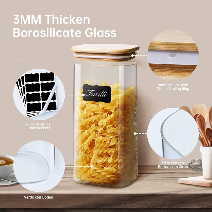 Square Glass Jars with Bamboo Lids, Glass Canisters with Airtight Lids - Image 3