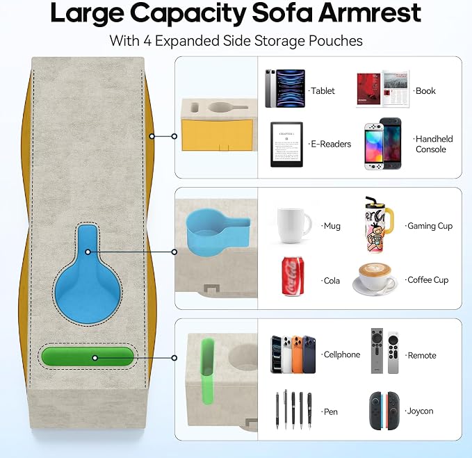 Sofa Armrest Couch Caddy with Cup Holder, Removable Couch Armrest Table Pillow - Image 3
