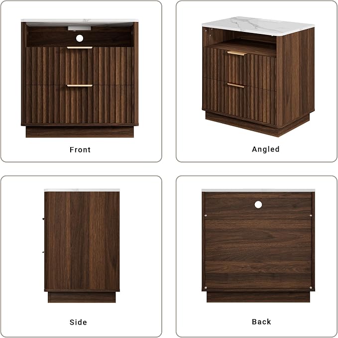 Large Fluted Night Stand with Charging Station, 2 Drawers Nightstand with - Image 8