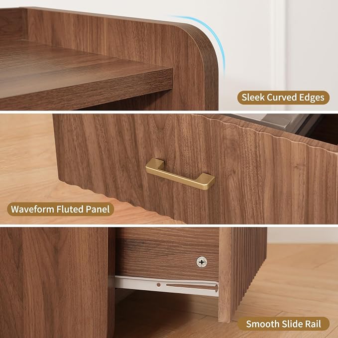 Night Stand with Charger Station, Fluted Wood Nightstand with Drawer Storage - Image 6