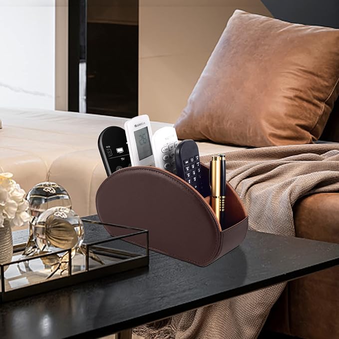 Tv Remote Holder Tray with 5 Compartment, PU Leather Remote Control Holder/Caddy - Image 3