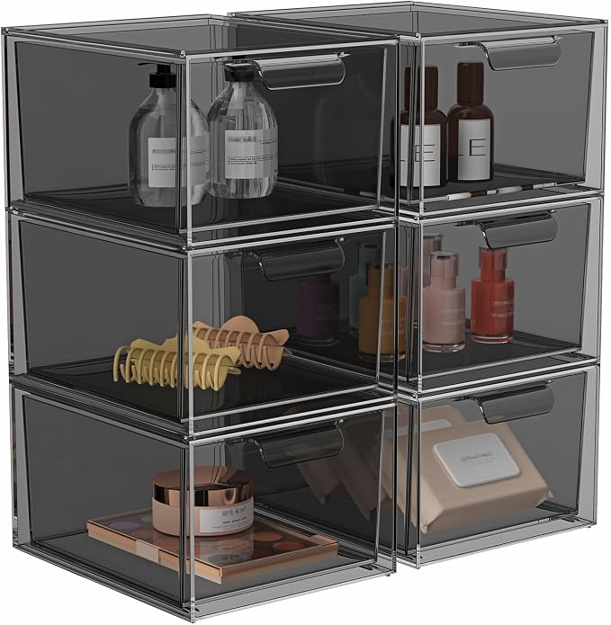 6 Pack Stackable Acrylic Makeup Organizer, Smoke Black Storage Drawers | Clear by SpaceHacks