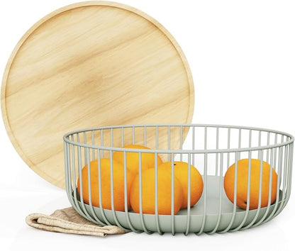 Fruit Basket with Wooden Bamboo Lid- Fruit Bowl by Libken