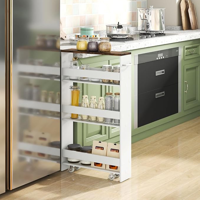 Small Kitchen Cart, 4-Tier Slim Rolling Island w/Handle, Laundry Room Storage - Image 2