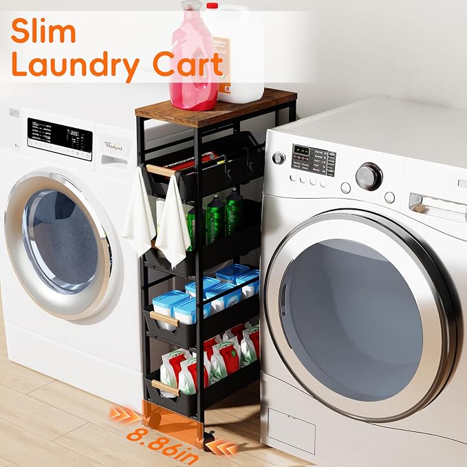 5-Tier Slim Storage Cart, Wooden Top Rolling Kitchen Cart - Image 4