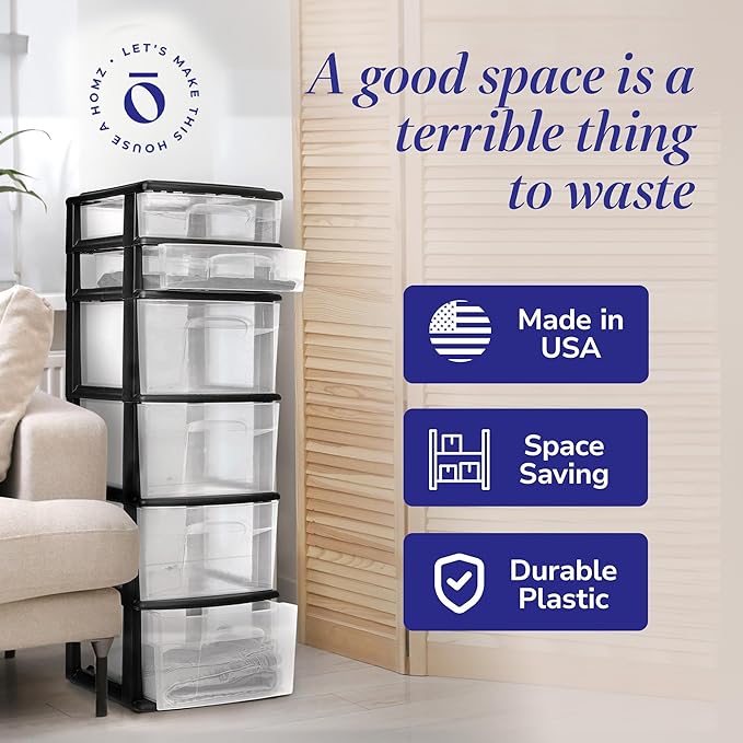 HOMZ 6 Drawer Plastic Storage & Organizer Tower | 4 Large & 2 Small Drawers | - Image 5