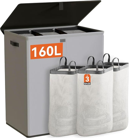 WOWLIVE Laundry Hamper with Lid, 160L Large Laundry Basket 3 Section with by WOWLIVE