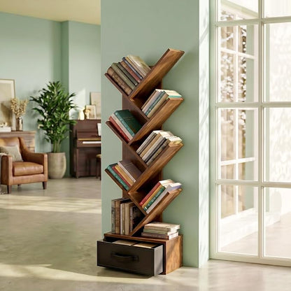 7 Tier Tree Bookshelf with Storage Drawer, Floor Standing Bookcase | Modern - Image 6
