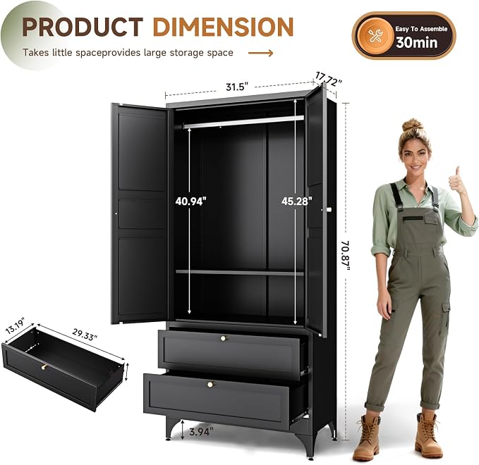 Letaya Metal Armoire Wardrobe Closet - Image 3