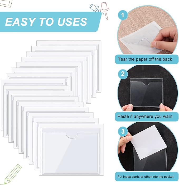 Chinco 50 Pack 3.1" x 3.9" Clear Adhesive Pockets, Index Card Pockets - Image 4