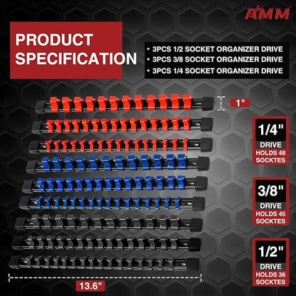 AMM 9-Piece Socket Organizer, 1/2 inch, 3/8 inch and 1/4 inch Drive ABS - Image 2