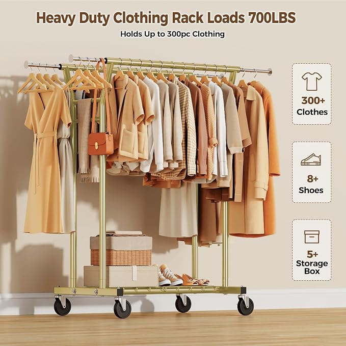HYSEYY Heavy Duty Clothes Rack, Rolling Clothing Rack - Image 2