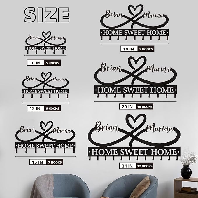 Personalized Couple's Name Key Rack, Wall Mounted Metal Key Holder - Image 5