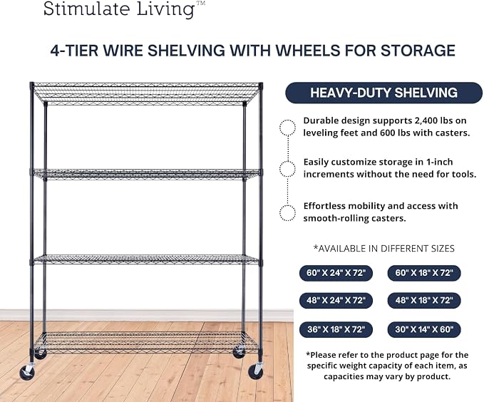 60"x24"x72" PRIME HEAVY DUTY Black 4-Tier Wire Shelving NSF 2400 LBS MAX - Image 6