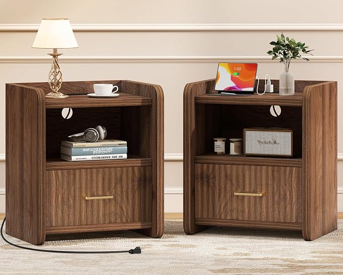 Night Stand with Charger Station, Fluted Nightstands Set of 2 with Drawer by Curlaky