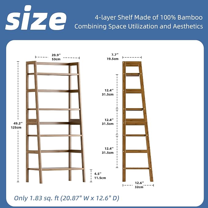 HITNET Ladder Shelf, 4-Tier Bamboo Bookshelf, Freestanding Open Display Storage - Image 3