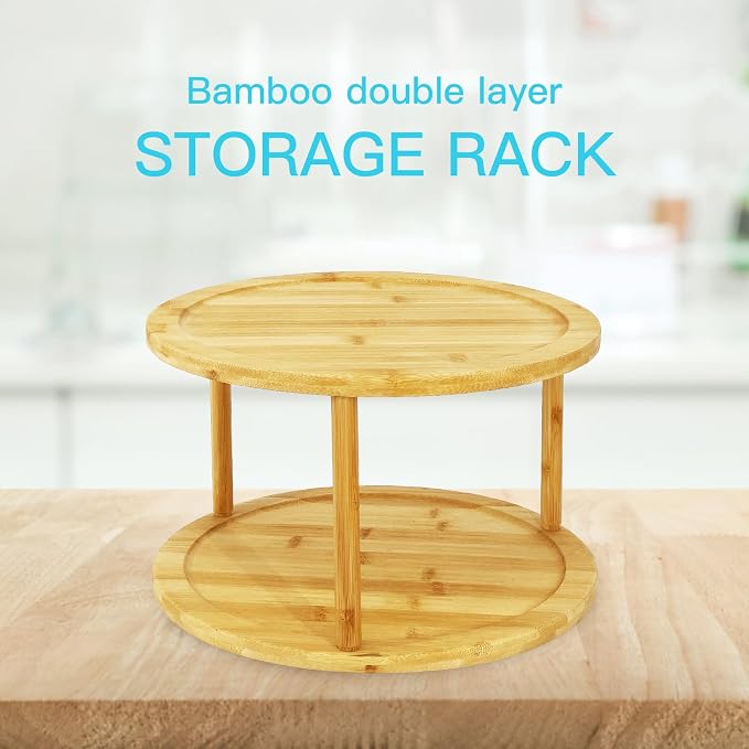 Wood Lazy Susan Organizer Bamboo 2-Tier Rotating Storage Rack – 360° Turntable - Image 2