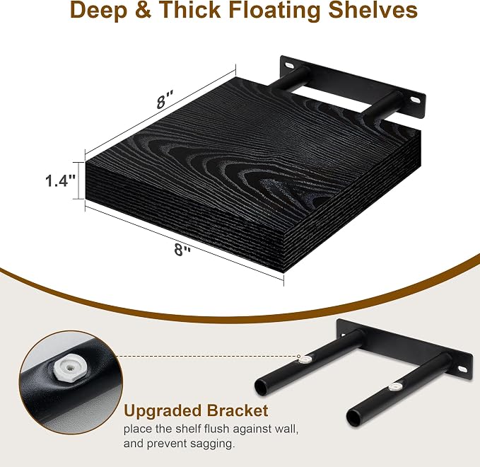 Fun Memories Black Floating Shelves 8 Inch Long, Small Deep Floating Shelf - Image 3