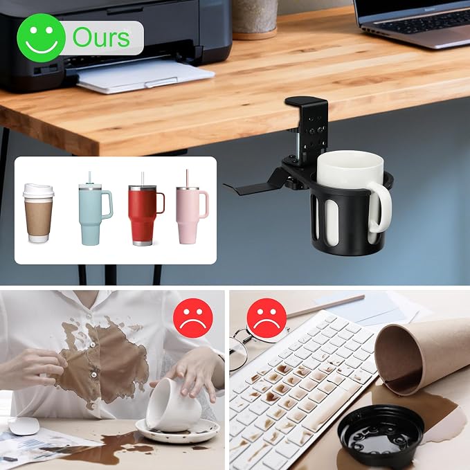 MYITYARD Desk Cup Holder Clamp, 2 in 1 Anti-Spill Clip On Table Cup Holder - Image 6