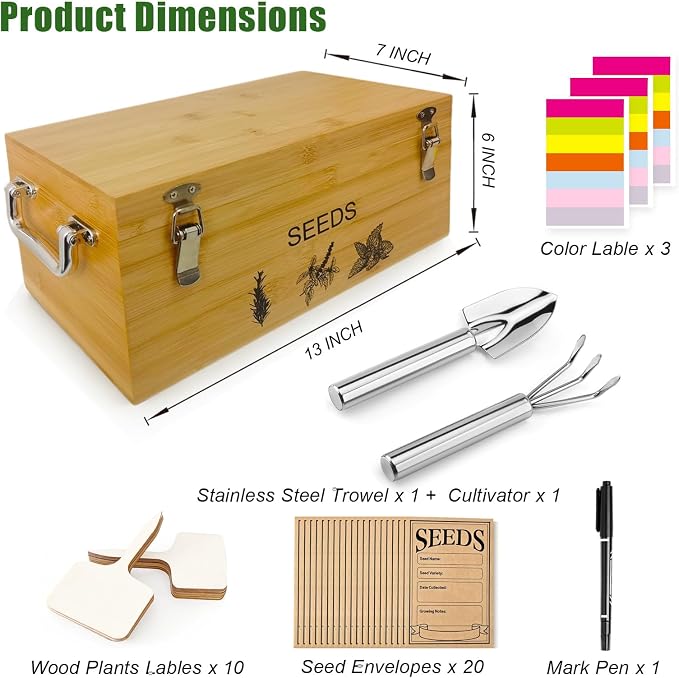 Natural Bamboo Seed Storage Organizer Box – Large Seeds Saver Kit Included - Image 2