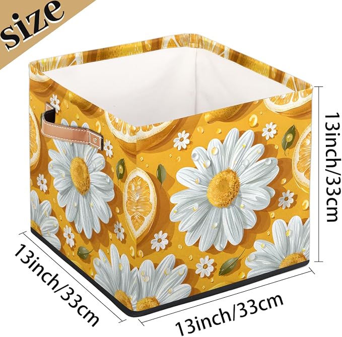 TropicalLife 13x13x13 Inch Large Fabric Storage Cube Lemon Daisy Foldable - Image 4