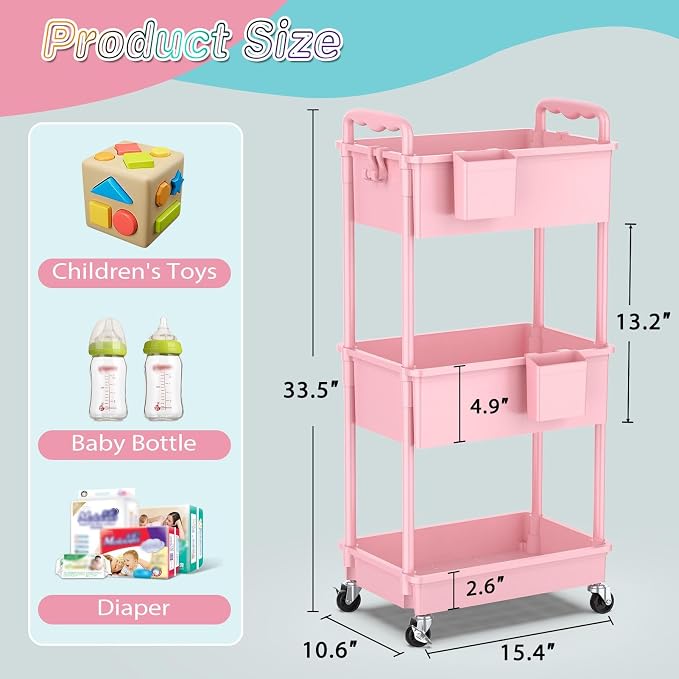 SUNALLY Baby Diaper Caddy Cart, 3 Tier Rolling Diaper Cart - Image 2