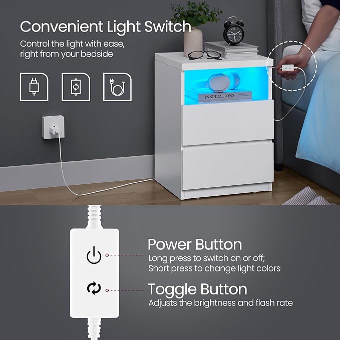 VASAGLE Nightstand with Adjustable LED Light, Bedside Table with Drawers - Image 6