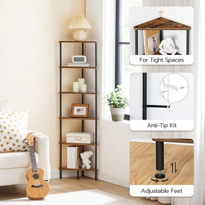 HOOBRO Corner Shelf Stand, Industrial 6-Tier Wall Corner Bookshelf - Image 5