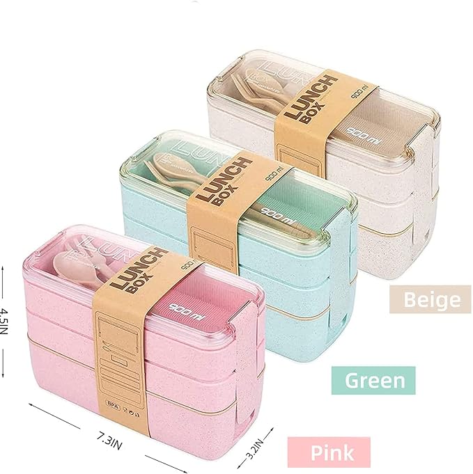 Rarapop Green Stackable Bento Lunch Box Kit, 3-In-1 Compartment Wheat Straw - Image 8