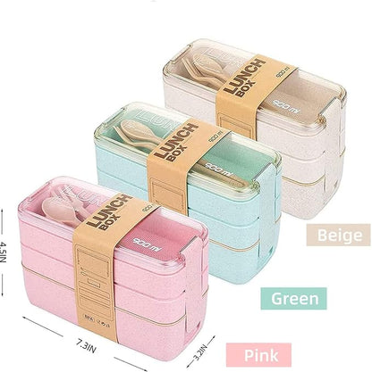 Rarapop Green Stackable Bento Lunch Box Kit, 3-In-1 Compartment Wheat Straw - Image 8