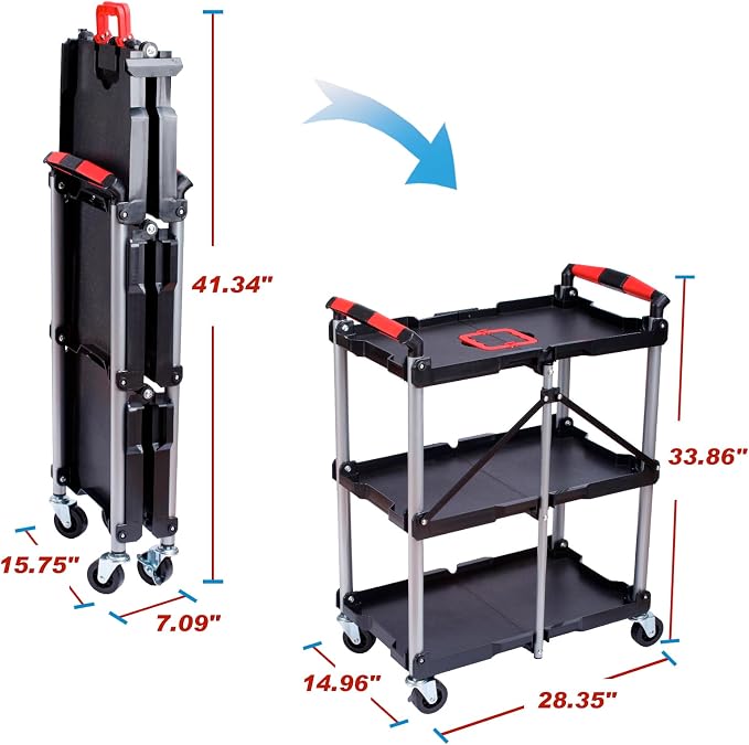 Folding Service Cart, Rolling Utility Cart, 330 LBS Collapsible Service Cart - Image 4