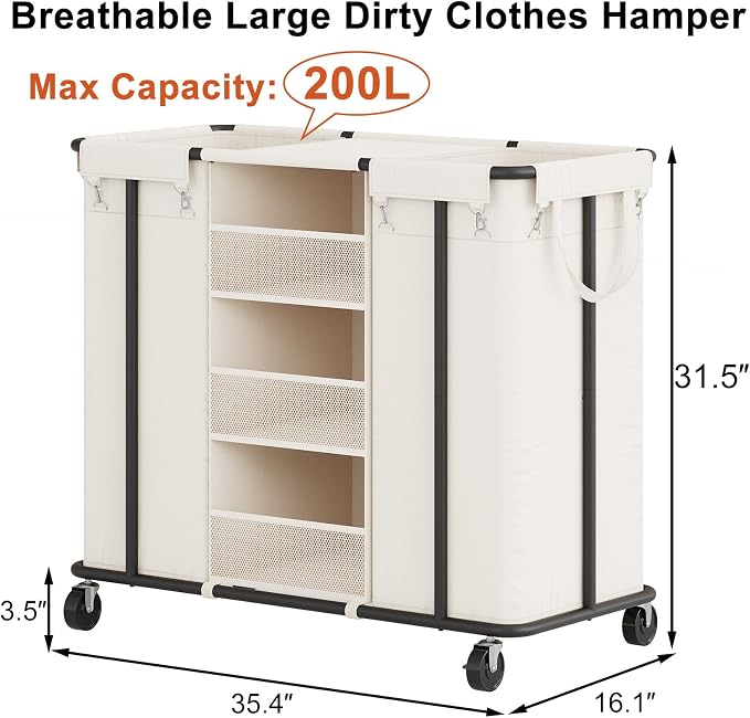 WOWLIVE Laundry Sorter 2 Section 200L Rolling Laundry Hamper - Image 3