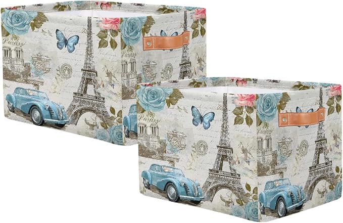Storage Basket Vintage Paris Eiffel Tower Rose Flower Old Car Storage Cube Box - Image 2