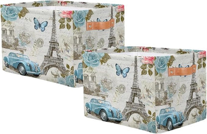 Storage Basket Vintage Paris Eiffel Tower Rose Flower Old Car Storage Cube Box - Image 2