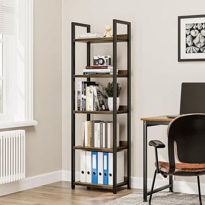 NUMENN Narrow Bookshelf, 5 Tier Freestanding Shelving Unit, Dark Walnut | Metal - Image 2