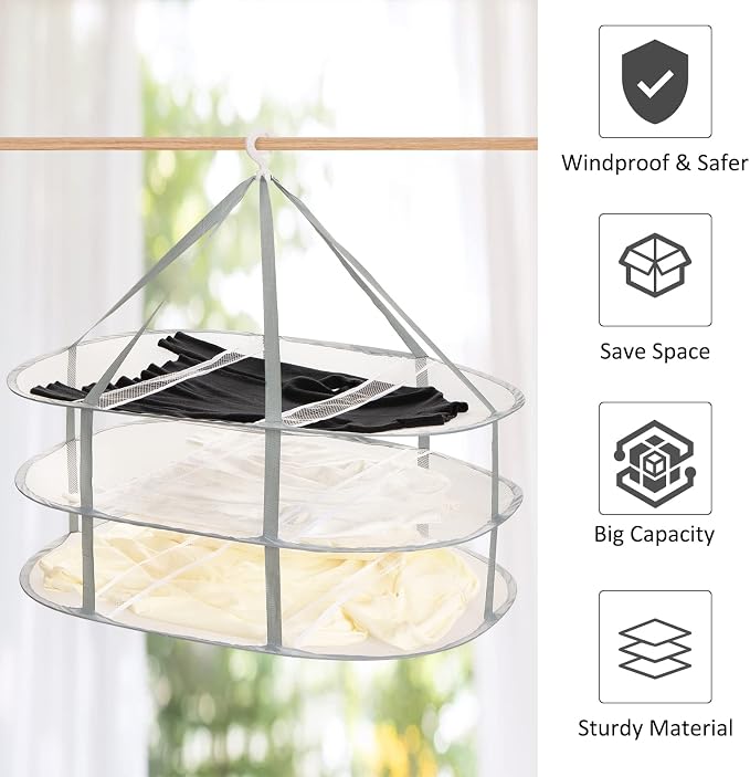 3-Tier Folding Mesh Clothes Hanging Dryer, Sweater Drying Rack, Large Laundry - Image 4