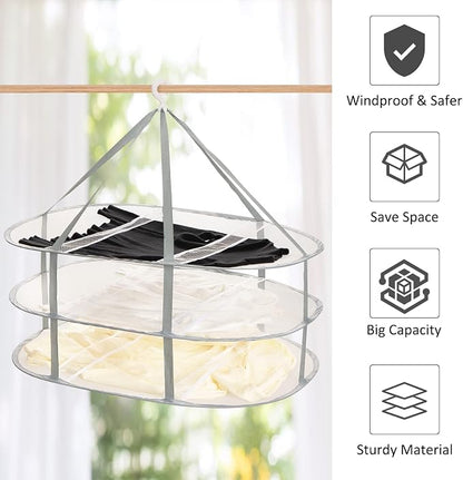 3-Tier Folding Mesh Clothes Hanging Dryer, Sweater Drying Rack, Large Laundry - Image 4