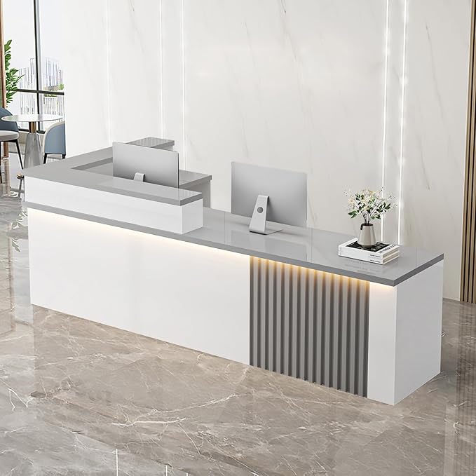 Receptionist Desk with LED Light，Wooden Salon Checkout Counter with Storage by Unknown