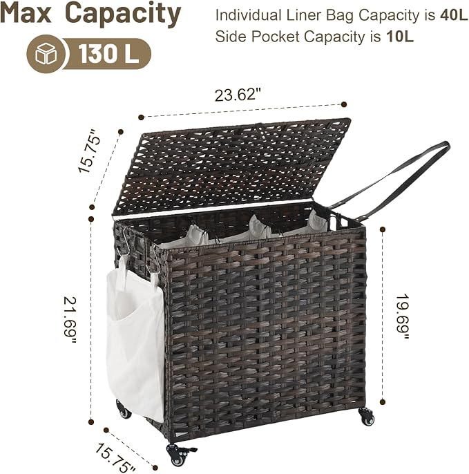 Laundry Hamper with Wheels, 34.3 Gallon Rolling Laundry Basket with Lid - Image 4