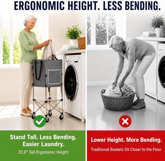 Laundry Basket with Wheels, 35.9" No-Bend Rolling Hamper, steel frame, foldable - Image 2