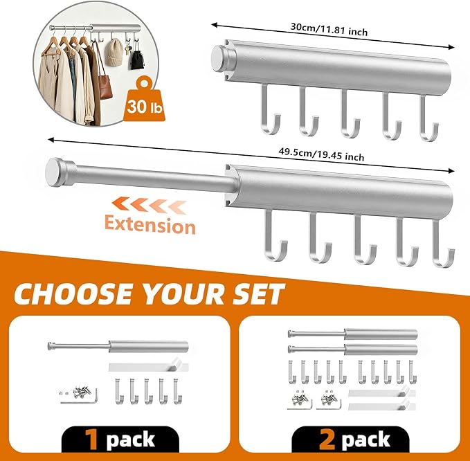 Valet Rod Closet Pull Out 12In Heavy Duty Wardrobe Organizer Silver 1 PCS | - Image 2