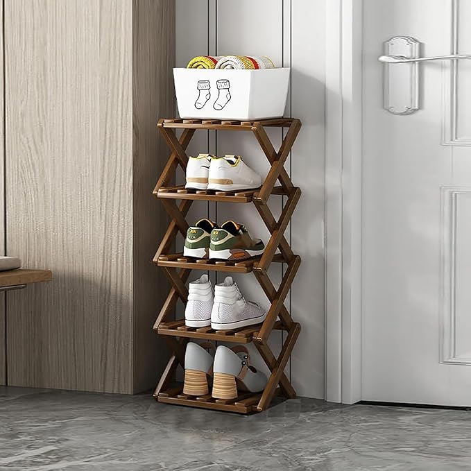 5 Tier Foldable Shoe Rack, Bamboo Vertical Shoe Organizer Tall by XZXWZX