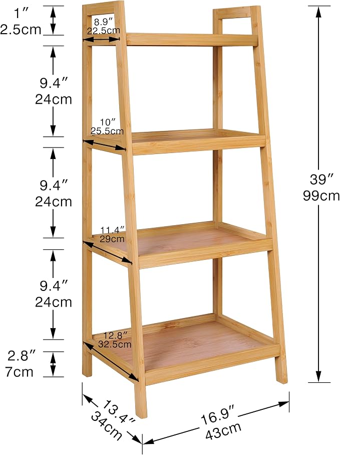 SMIBUY Bamboo Ladder Bookcase, Bathroom Storage Rack Organizer, 4 Tier and 5 - Image 3