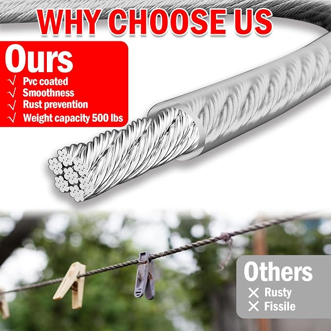 40ft Clothes Line Outdoors 3/16" Wire Ropes Silver PVC Coating Laundry Drying - Image 4