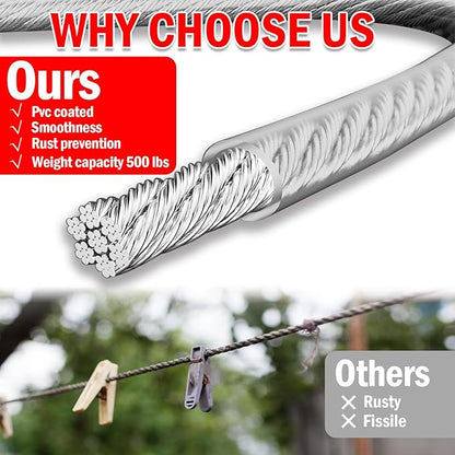 40ft Clothes Line Outdoors 3/16" Wire Ropes Silver PVC Coating Laundry Drying - Image 4